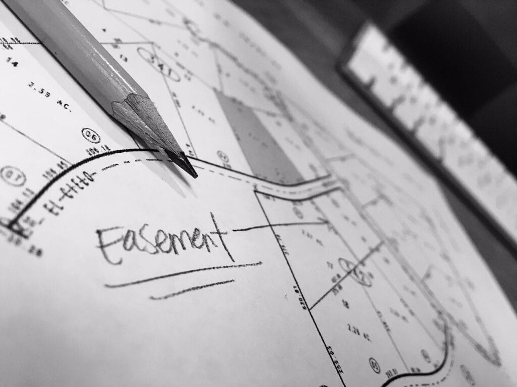 Close-up of a pencil resting on a property survey drawing with a handwritten "Easement" annotation.