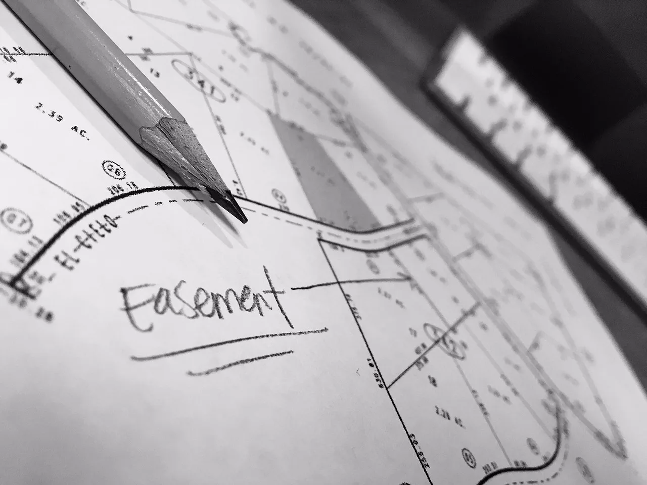 Close-up of a pencil resting on a property survey drawing with a handwritten "Easement" annotation.