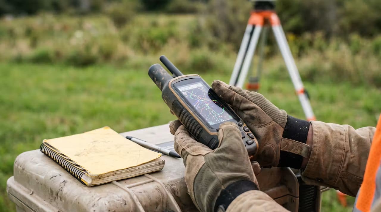 Surveyor's gloved hands holding a handheld GPS data collector next to a weatherproof field book