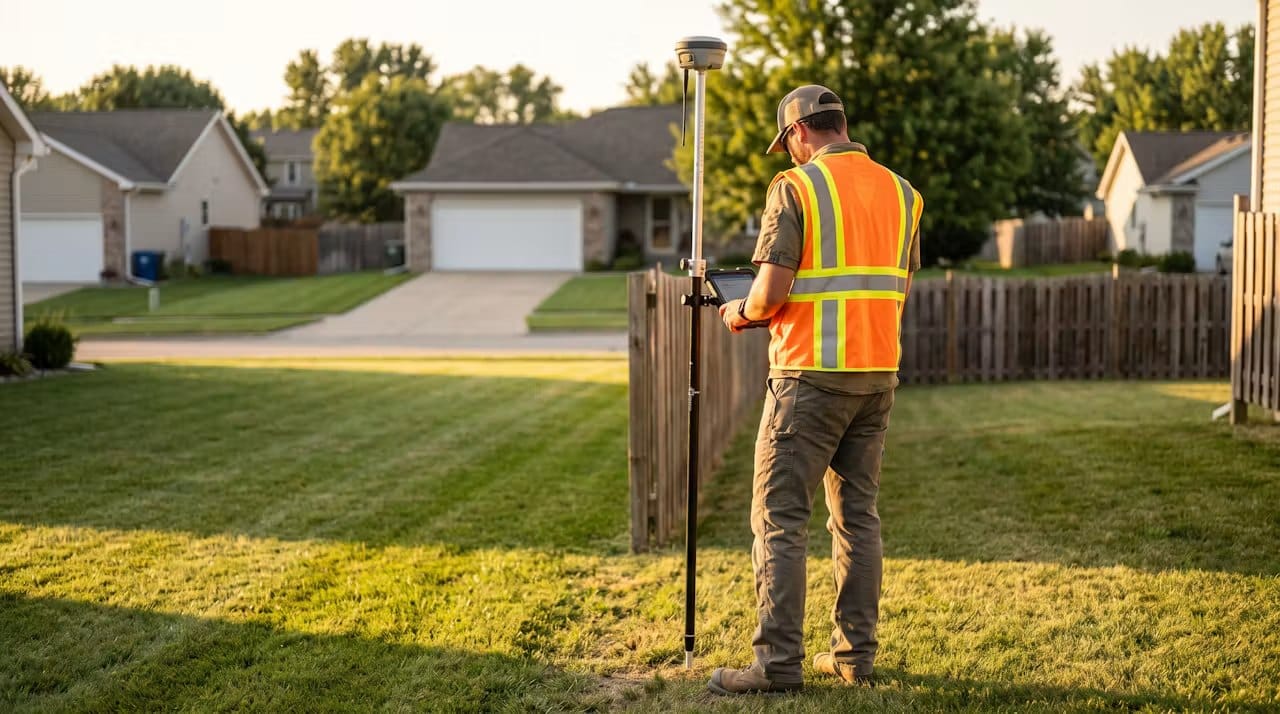 Land surveyor in a high-visibility vest holding a GNSS RTK rover pole on a suburban property line at golden hour