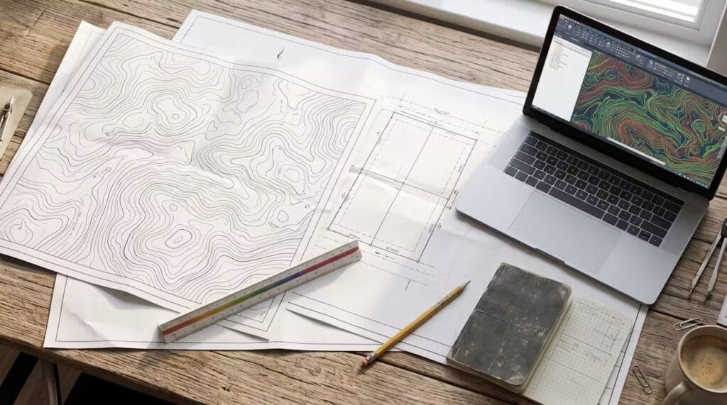 Topographic contour map and property plat drawing on a desk with a scale ruler and laptop