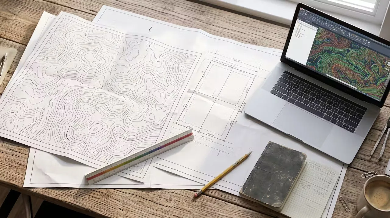 Topographic contour map and property plat drawing on a desk with a scale ruler and laptop