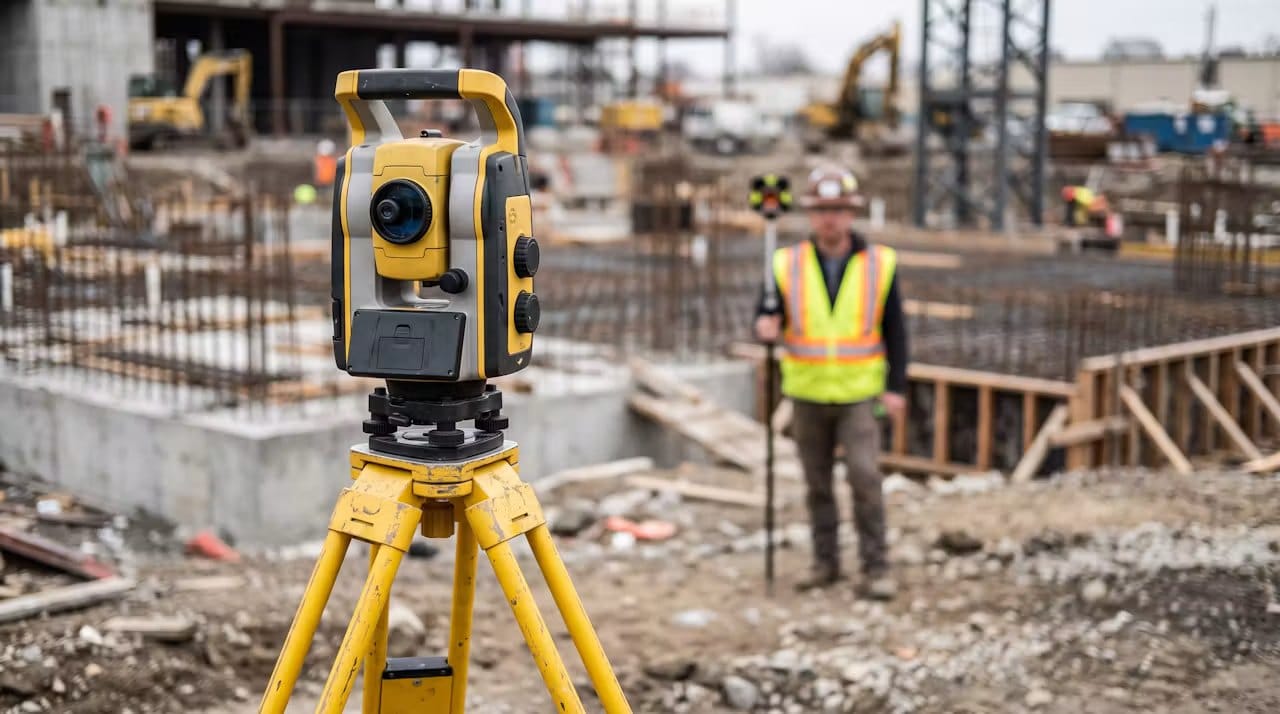Robotic total station on a yellow tripod at a commercial construction site with a surveyor in the background
